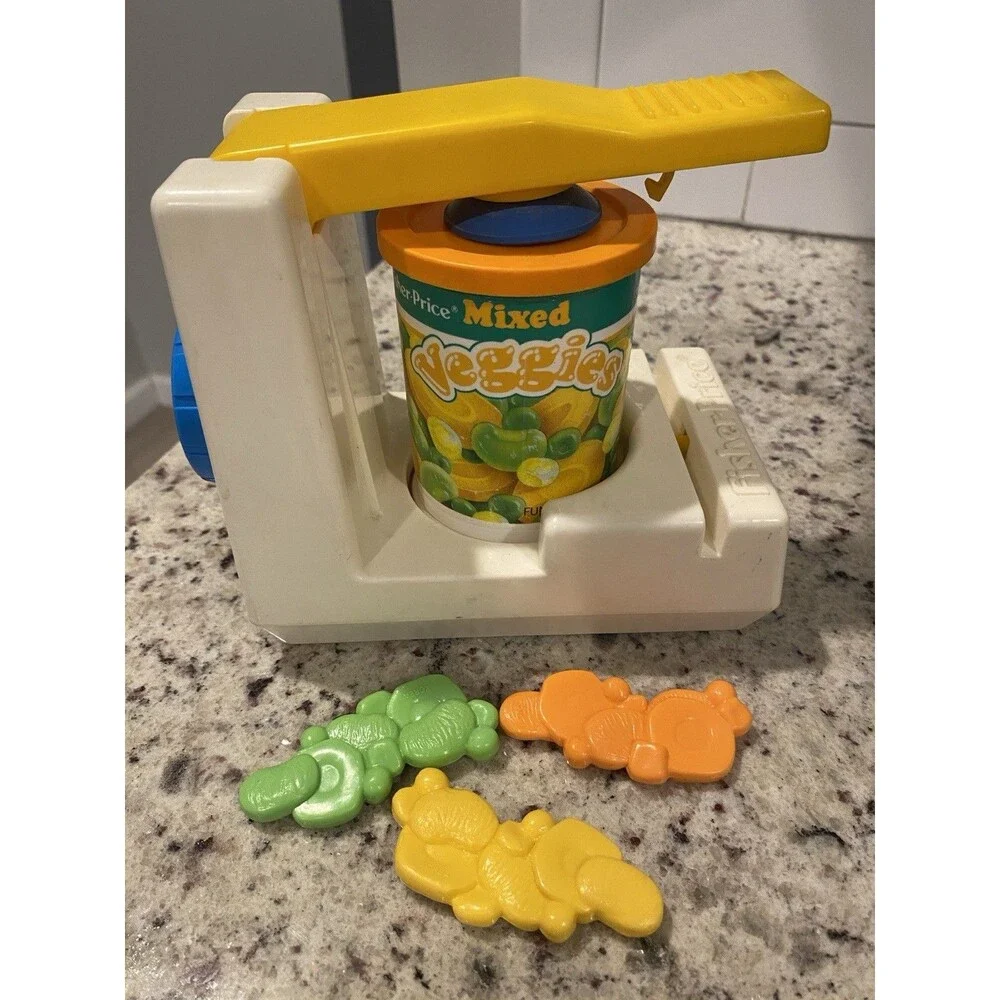 Vintage 1987 Fisher Price Can Opener With Mixed Veggies Can And Extra Veggies